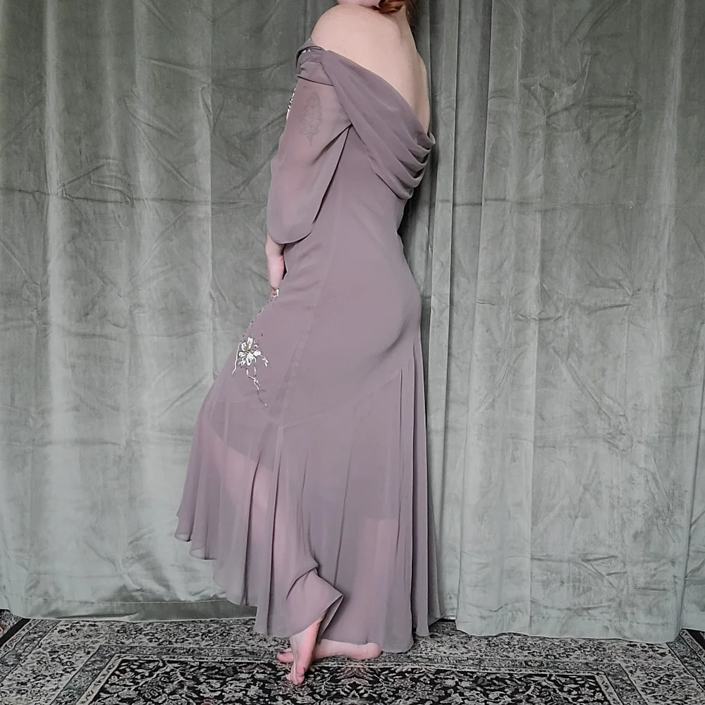 y2k Fairy Boho Regency Whismy Off The Shoulder Brown Embriodered Cocktail Dress - Picture 6 of 16